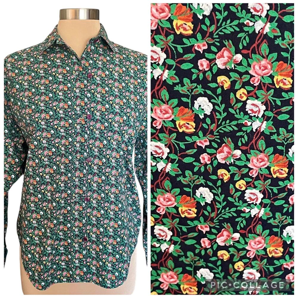 VTG John Henry 100% Cotton Green Dark Floral Button‎ Up Shirt Sz 10 Fall Casual
